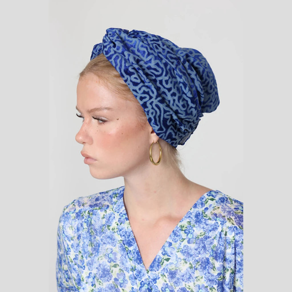 Partial & Full Coverage Velvet Accent Turban Head Covering – Blue