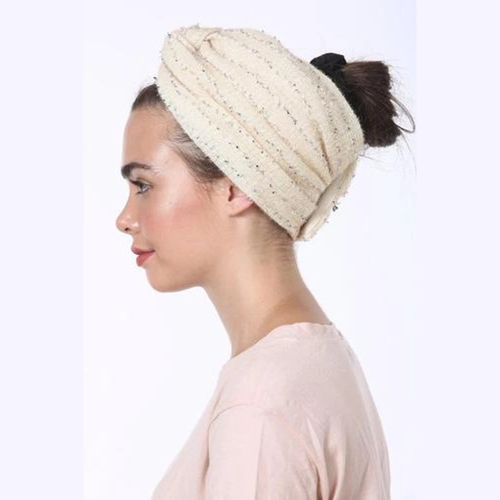 Cream with Silver Accents Partial / Full Coverage Turban Headwrap