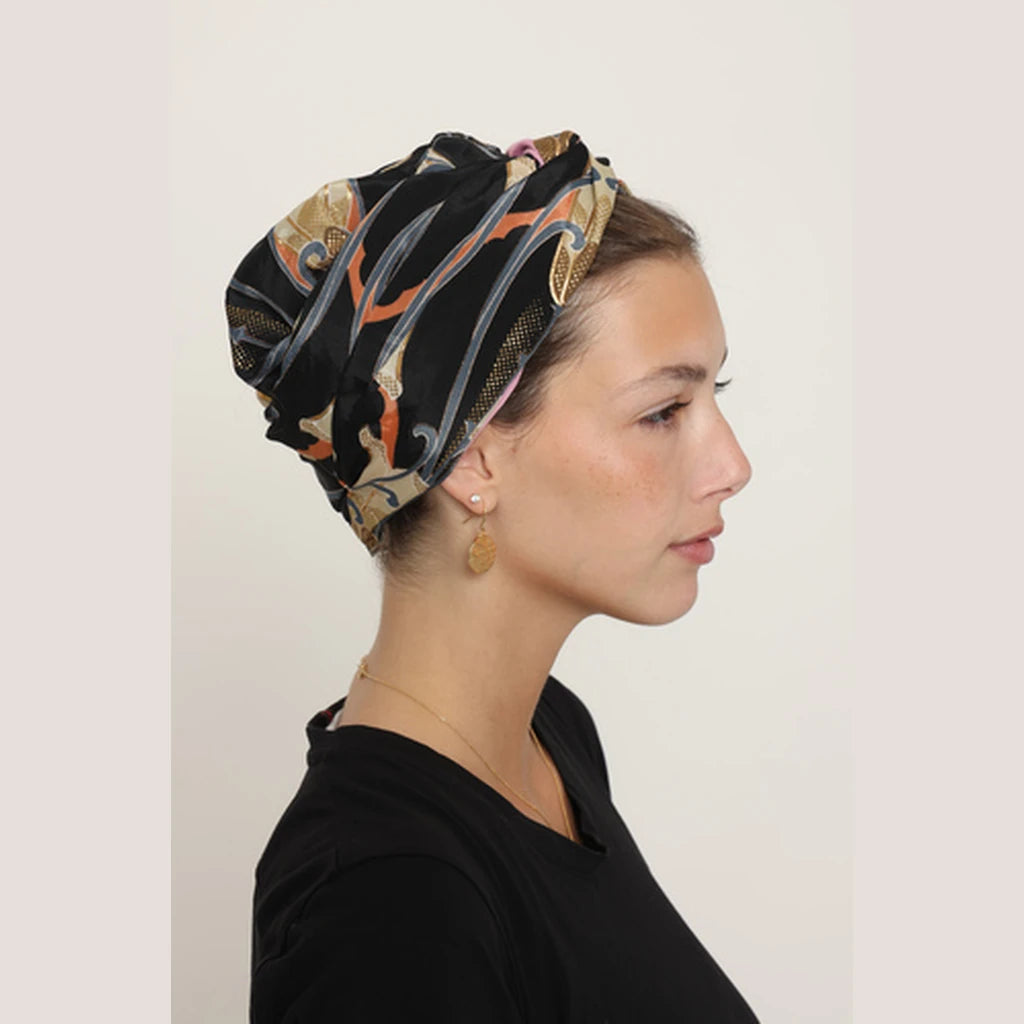 Partial & Full Coverage Floral Turban Head Covering – Black & Orange