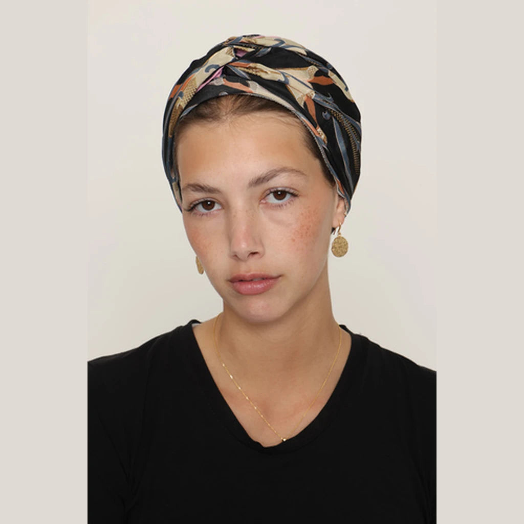 Partial & Full Coverage Floral Turban Head Covering – Black & Orange
