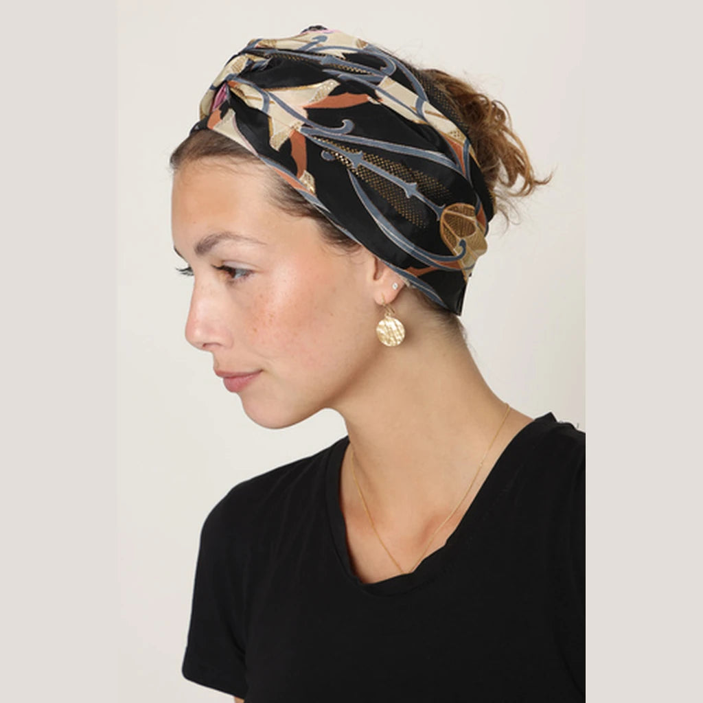 Partial & Full Coverage Floral Turban Head Covering – Black & Orange