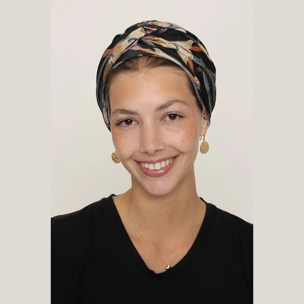 Partial & Full Coverage Floral Turban Head Covering – Black & Orange