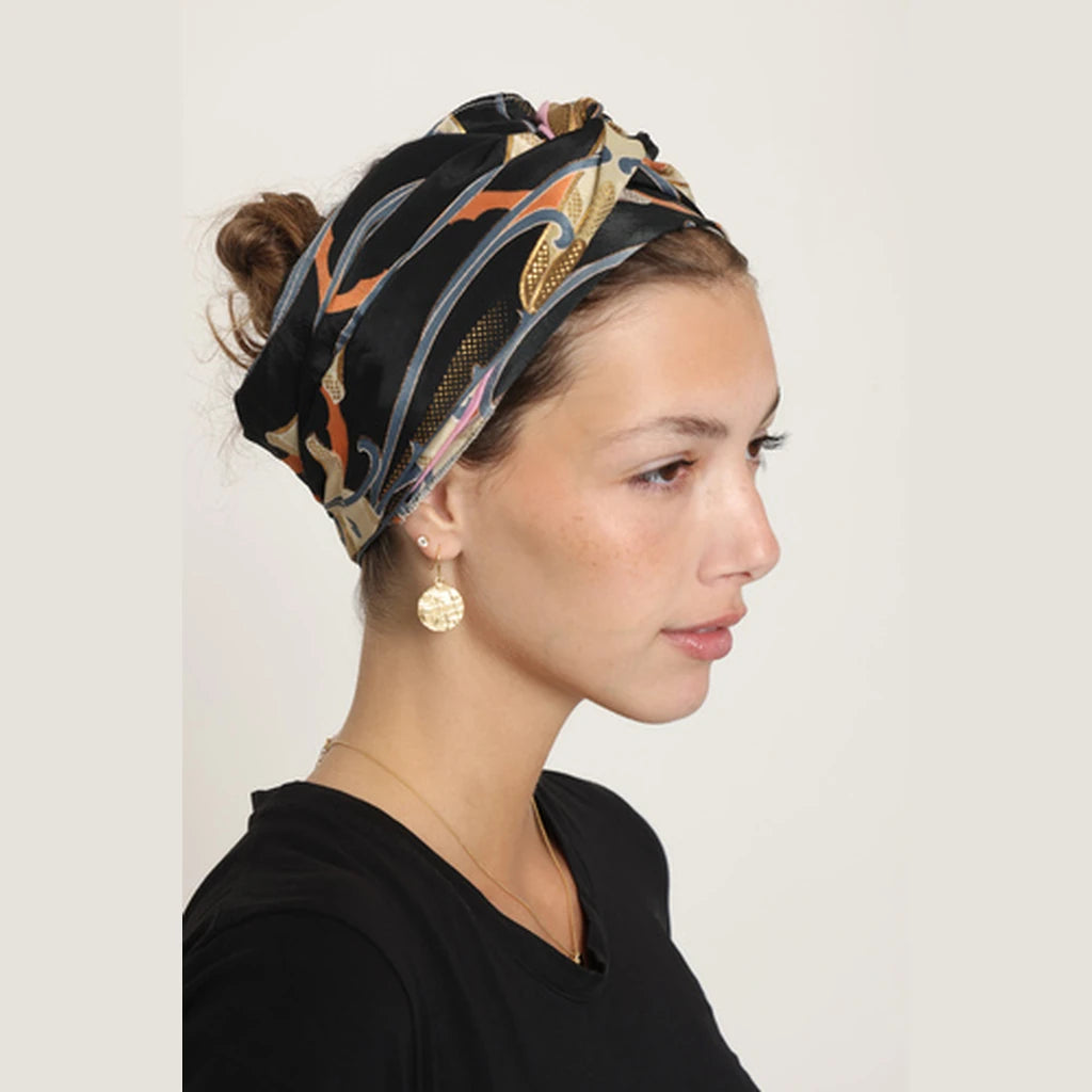 Partial & Full Coverage Floral Turban Head Covering – Black & Orange