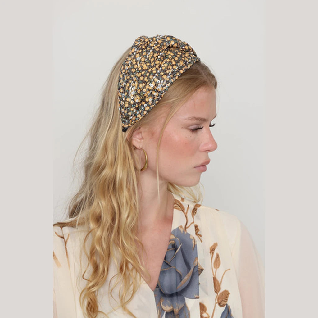 Brown Yellow Sequin Turban Headband