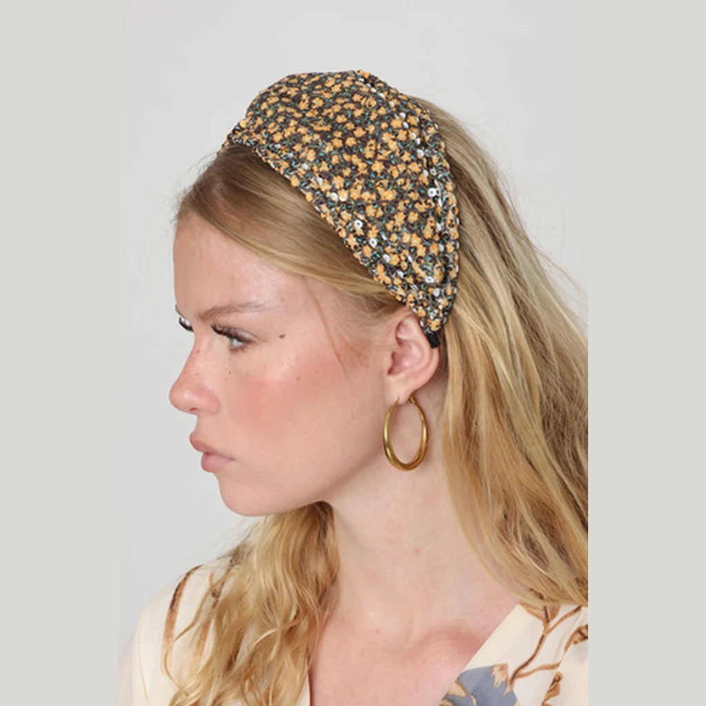Brown Yellow Sequin Turban Headband