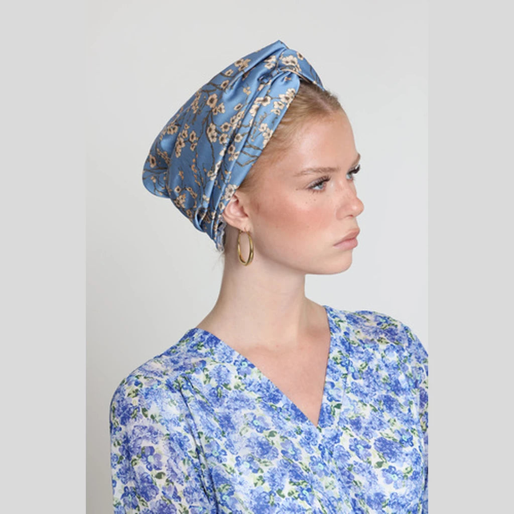 Partial & Full Coverage Floral Turban Head Covering – Light Blue