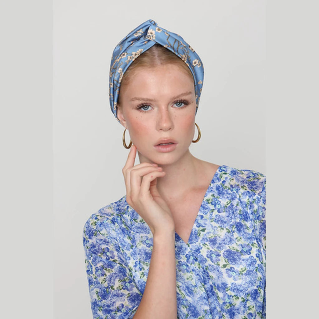 Partial & Full Coverage Floral Turban Head Covering – Light Blue