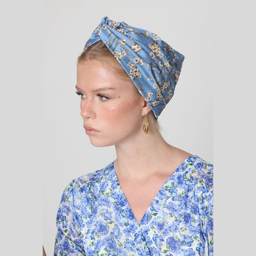 Partial & Full Coverage Floral Turban Head Covering – Light Blue