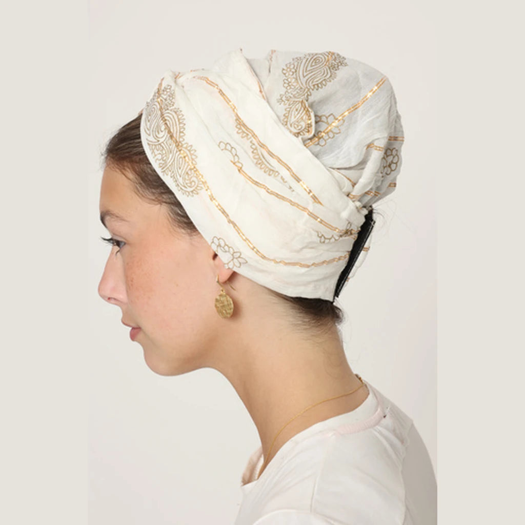 Partial & Full Coverage Paisley Turban Head Covering – White & Gold