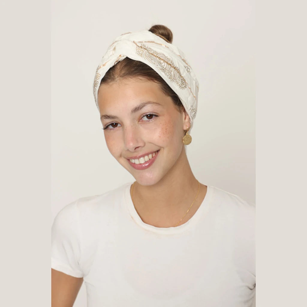 Partial & Full Coverage Paisley Turban Head Covering – White & Gold
