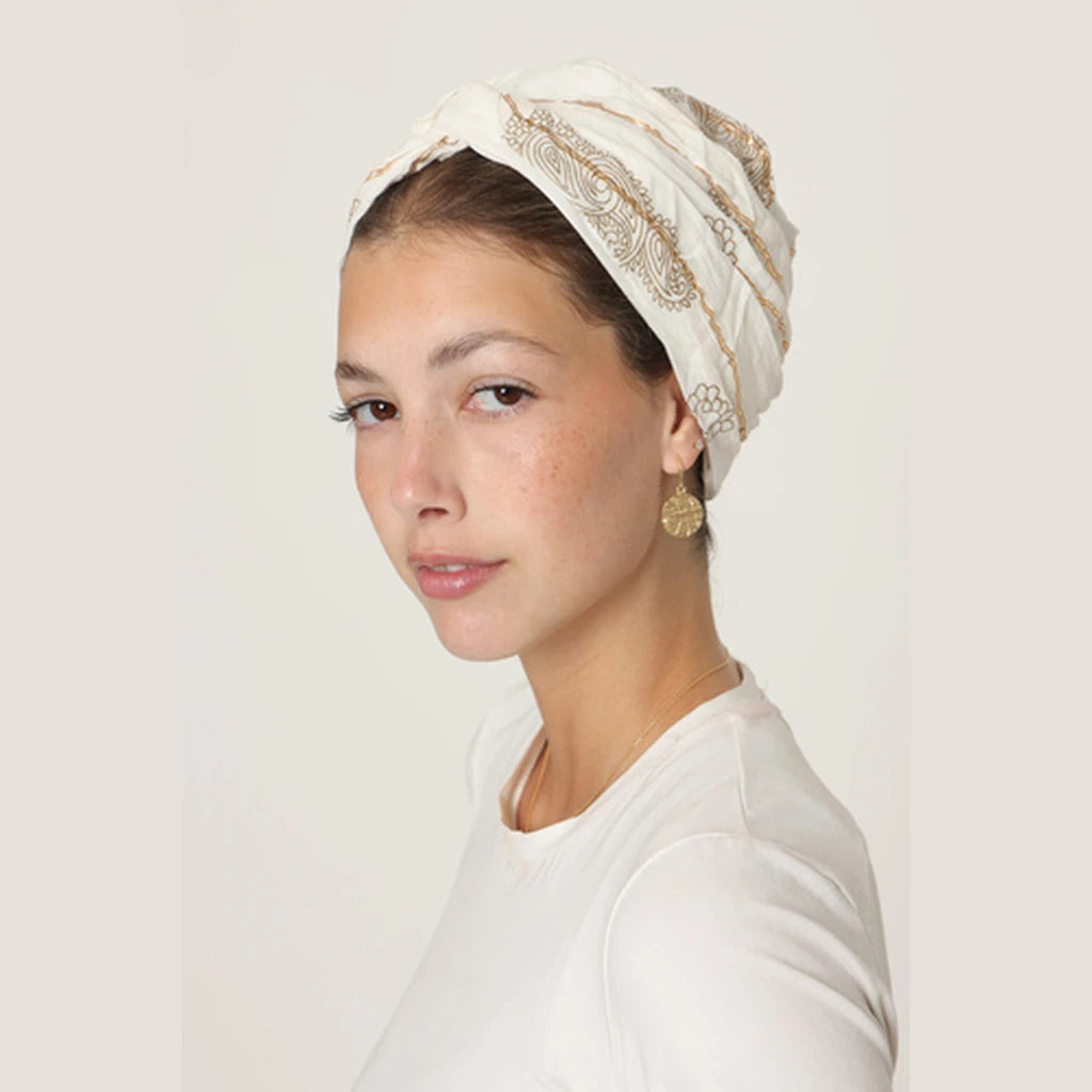 Partial & Full Coverage Paisley Turban Head Covering – White & Gold
