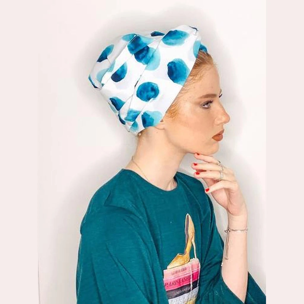 Printed Turban Head Covering – White / Green | Partial & Full Coverage