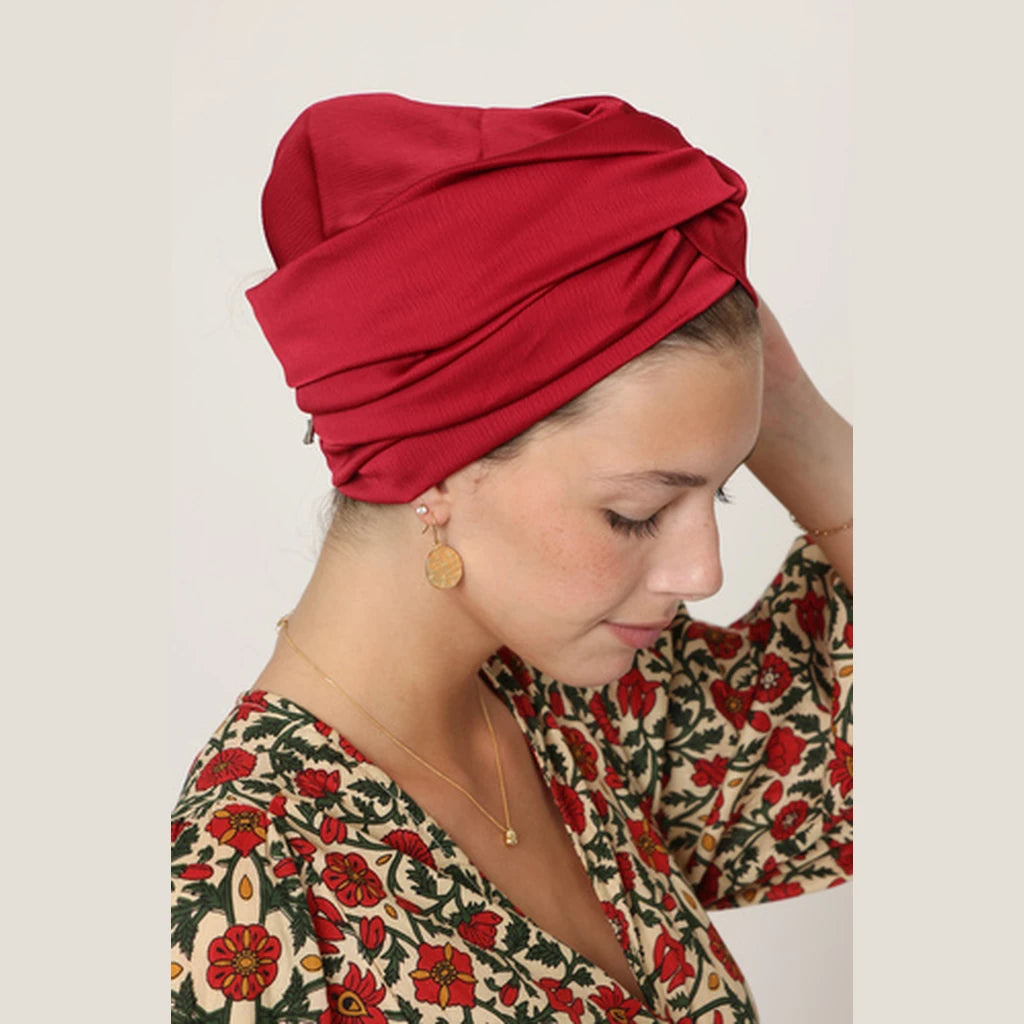 Partial & Full Coverage Satin Turban Head Covering – Red