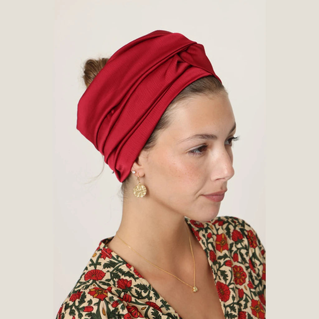 Partial & Full Coverage Satin Turban Head Covering – Red