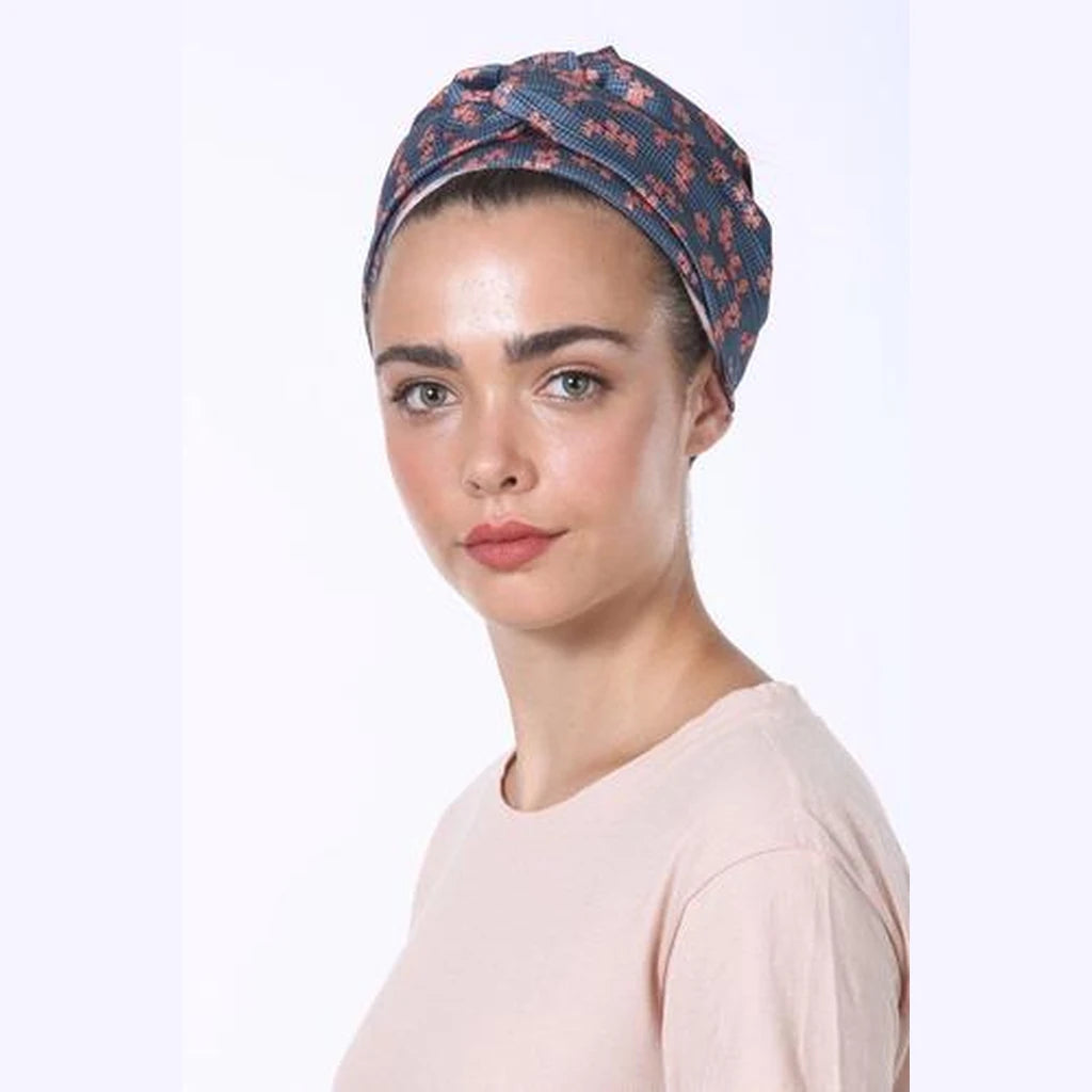 Blue Floral Silk Partial / Full Coverage Turban Headwrap