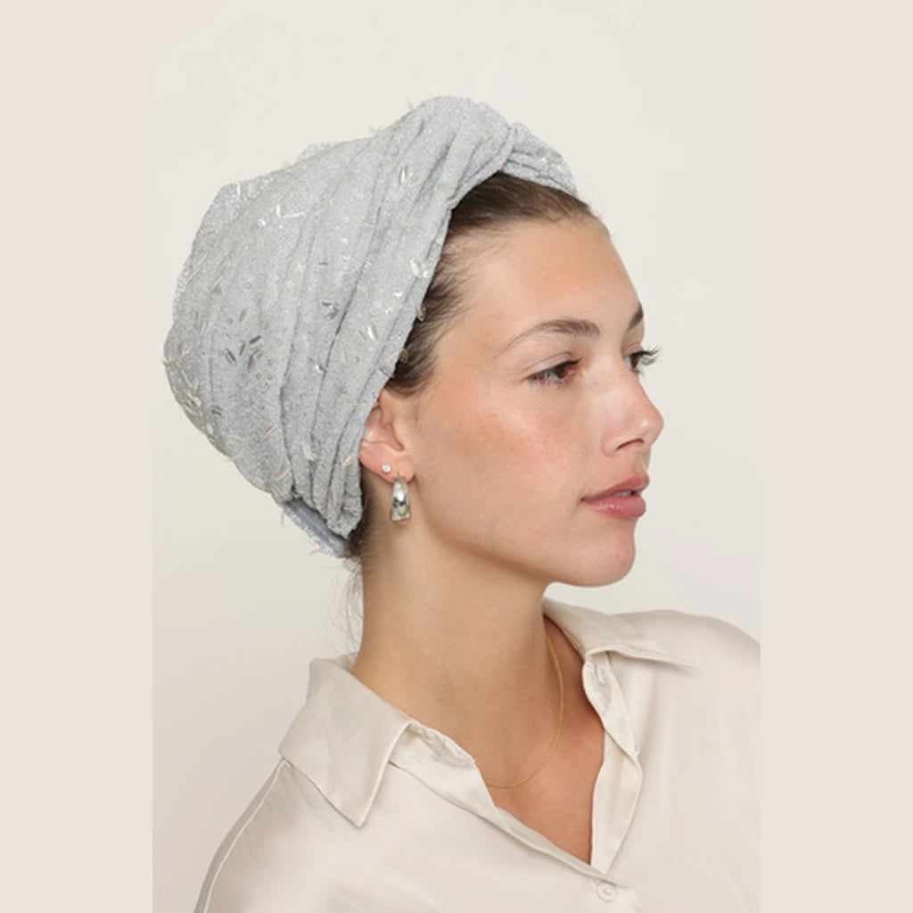 Partial & Full Coverage Glitter Turban Head Covering – Silver