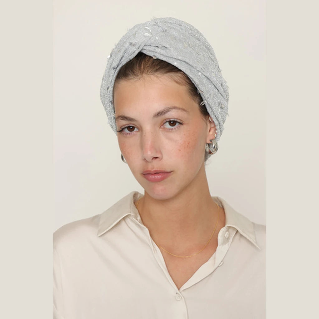 Partial & Full Coverage Glitter Turban Head Covering – Silver
