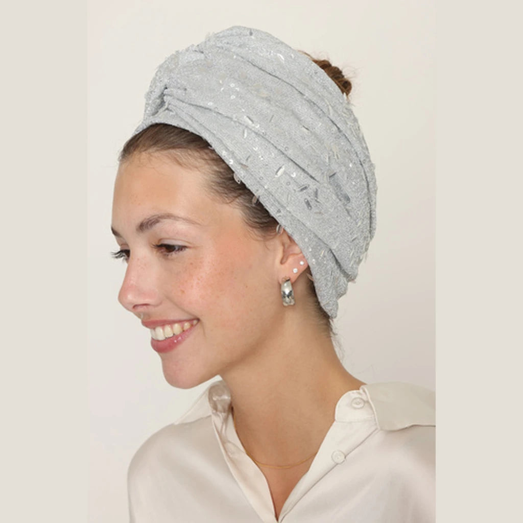 Partial & Full Coverage Glitter Turban Head Covering – Silver