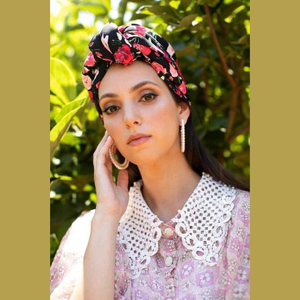 Black Floral Printed Turban Headwrap with Volume – Partial / Full Coverage