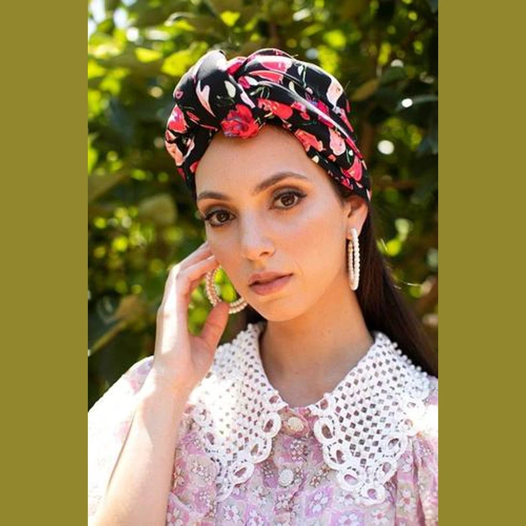 Black Floral Printed Turban Headwrap with Volume – Partial / Full Coverage