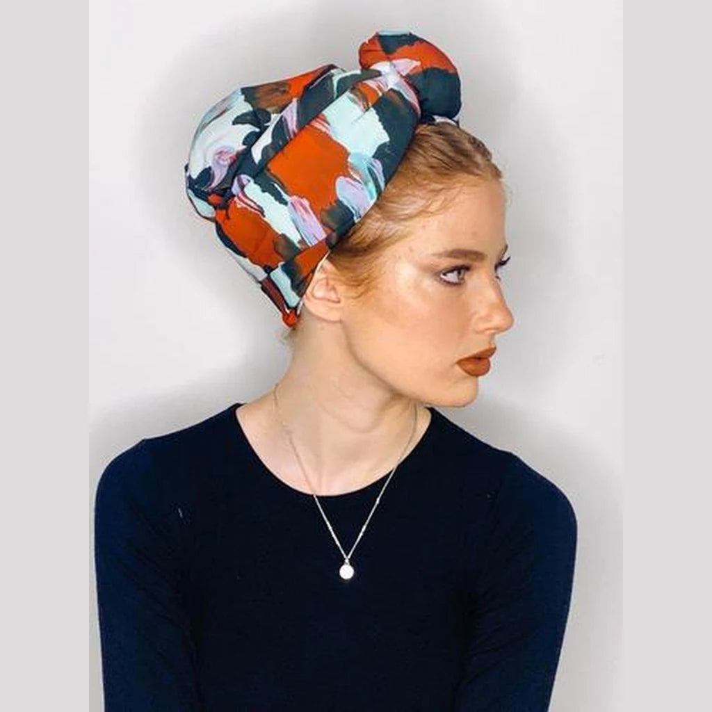 Brushed Black, Red & White Printed Turban Headwrap with Volume – Partial / Full Coverage