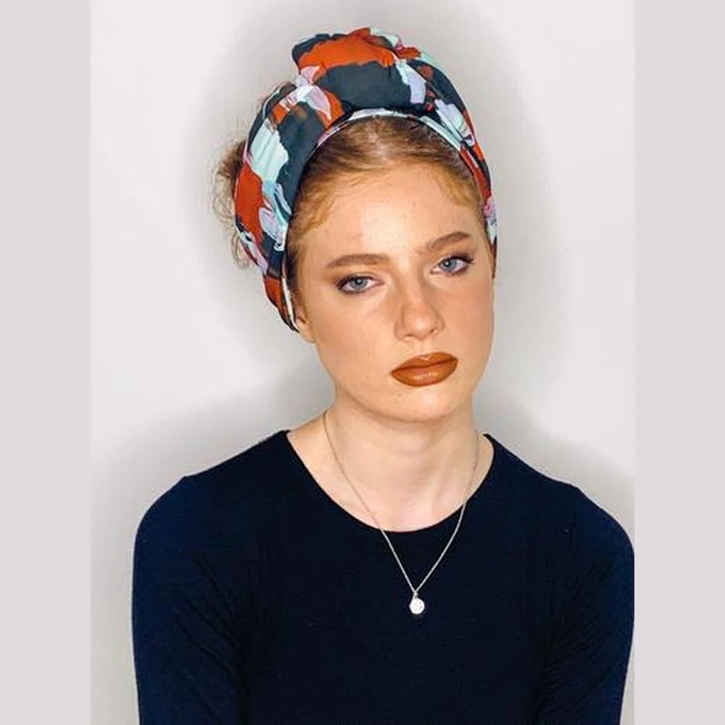 Brushed Black, Red & White Printed Turban Headwrap with Volume – Partial / Full Coverage