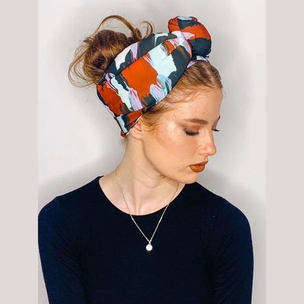 Brushed Black, Red & White Printed Turban Headwrap with Volume – Partial / Full Coverage
