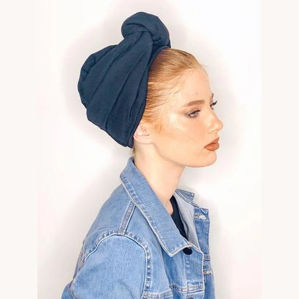 Navy Blue Solid Turban Headwrap with Volume – Partial / Full Coverage