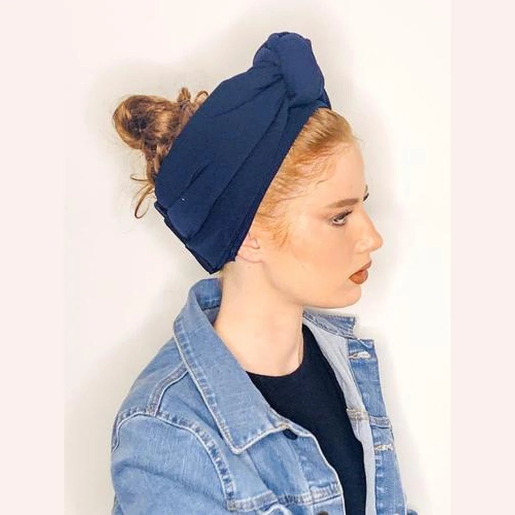 Navy Blue Solid Turban Headwrap with Volume – Partial / Full Coverage