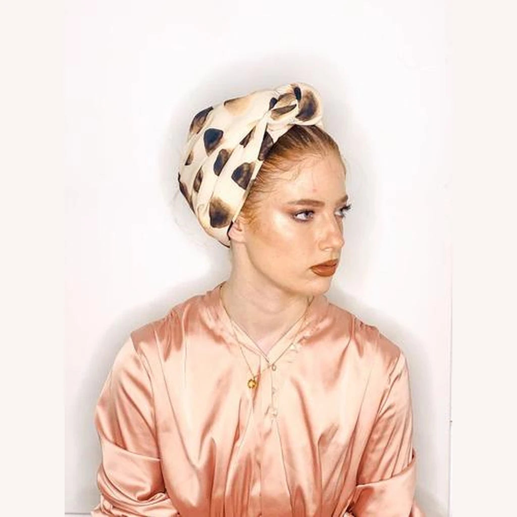 Beige & Brown Printed Turban Headwrap with Volume – Partial / Full Coverage