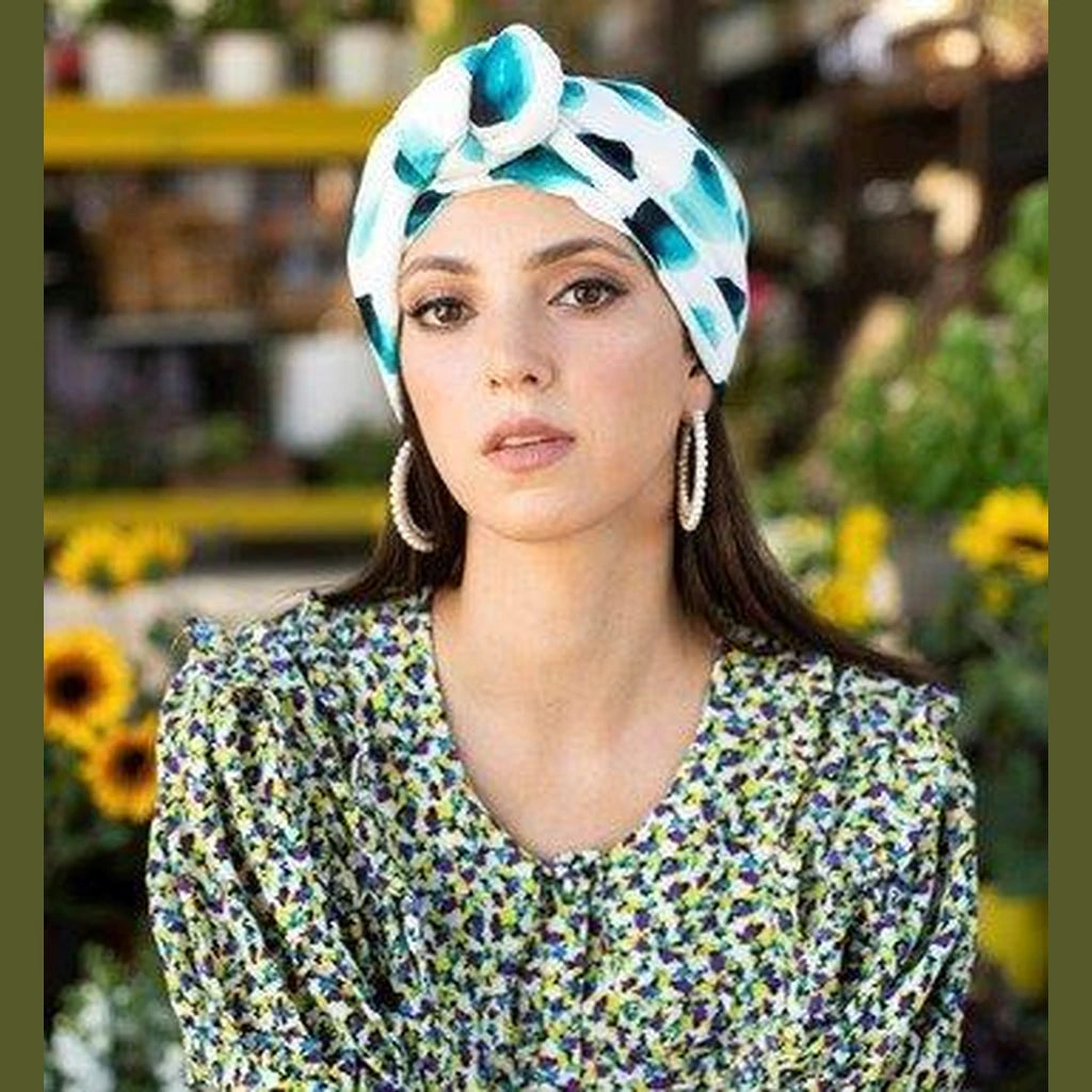 Printed Volume Turban Head Covering – White / Green | Partial & Full Coverage