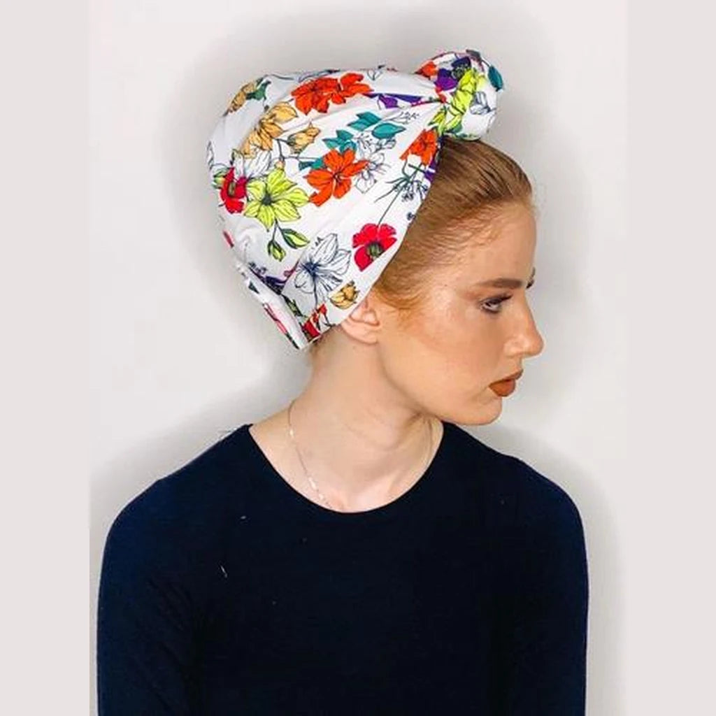 White Floral Printed Turban Headwrap with Volume – Partial / Full Coverage