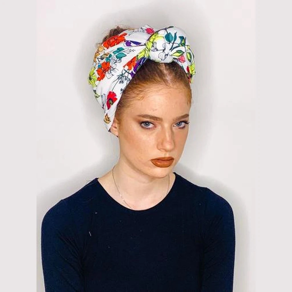 White Floral Printed Turban Headwrap with Volume – Partial / Full Coverage