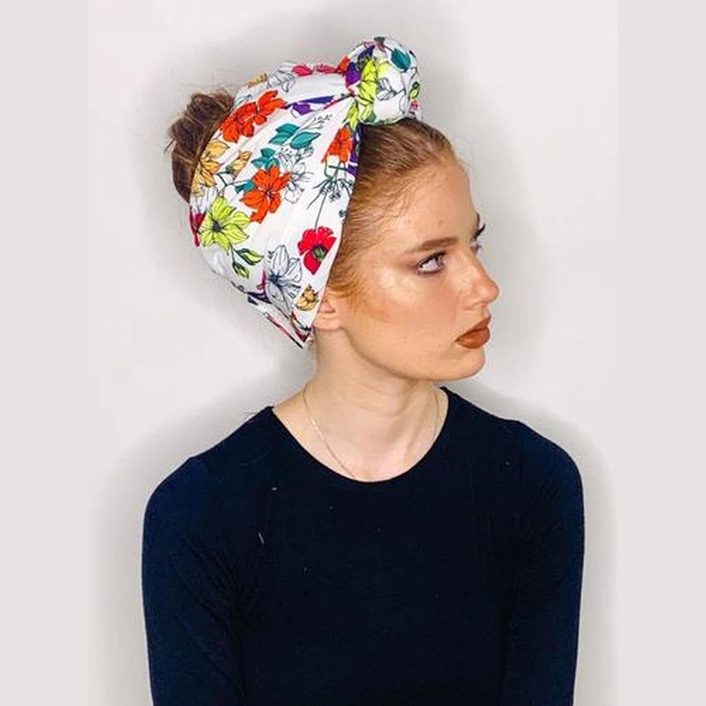 White Floral Printed Turban Headwrap with Volume – Partial / Full Coverage