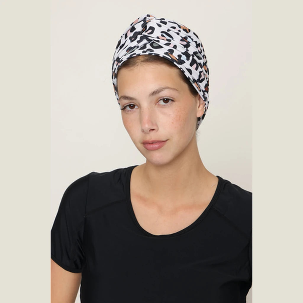 Wide/Full Water Turban – White Leopard Print